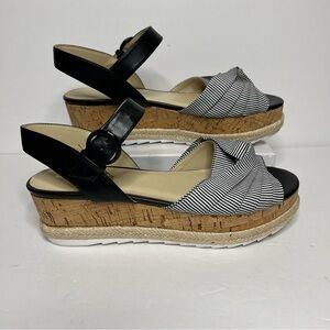 Marc Fisher cork platform espadrille sandal stripe fabric ankle strap women's 10